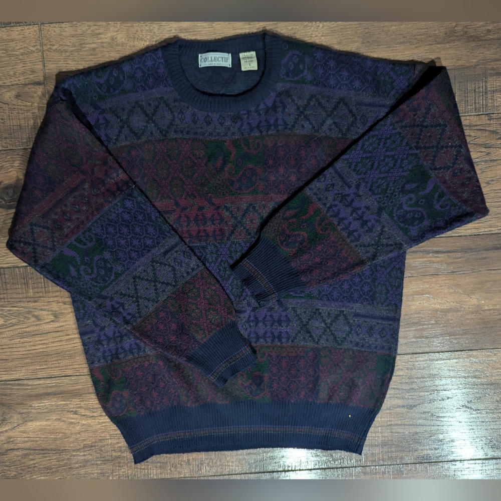 Collectif Italian Women's Colorful Wool Blend Sweater Size M Vintage Cable Knit